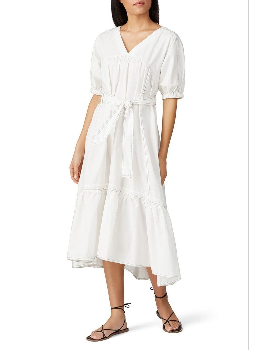 CAARA Lombardy Dress White Cotton Puff Sleeve Belted Midi Dress XL